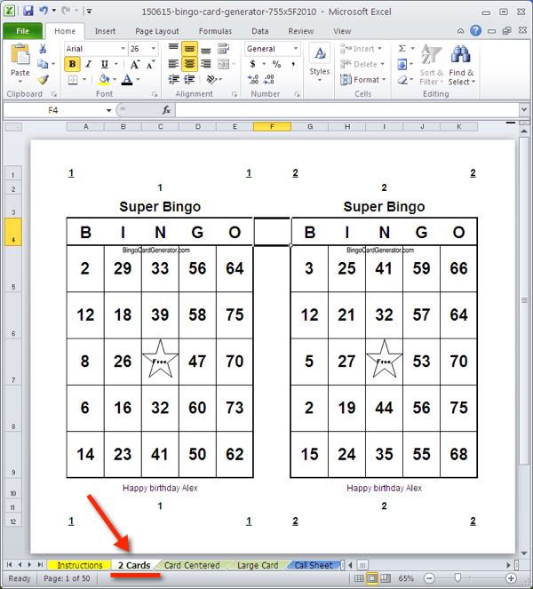 model two bingo cards per sheet