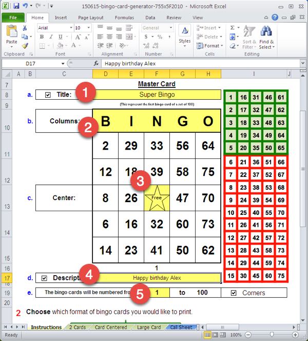 bingo card template excel