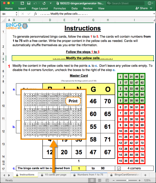 bingo card template excel