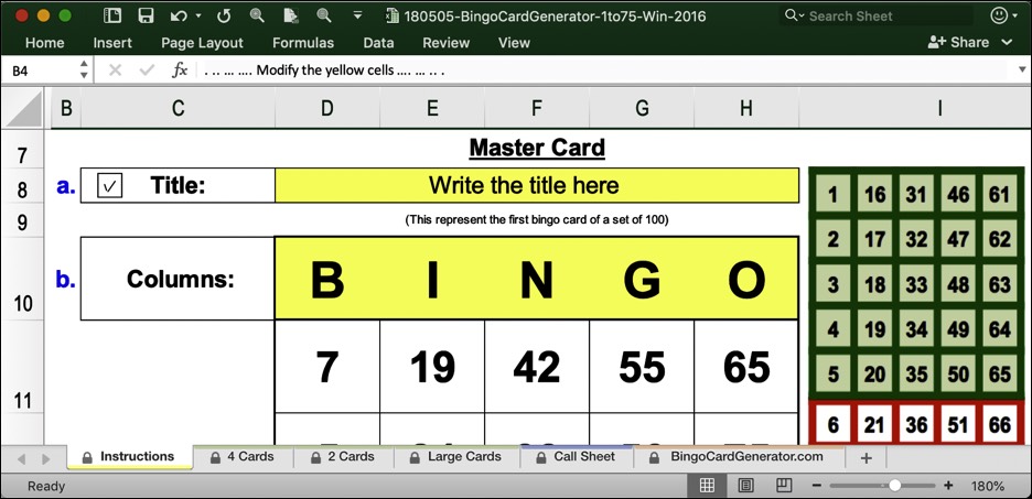 bingo card template excel