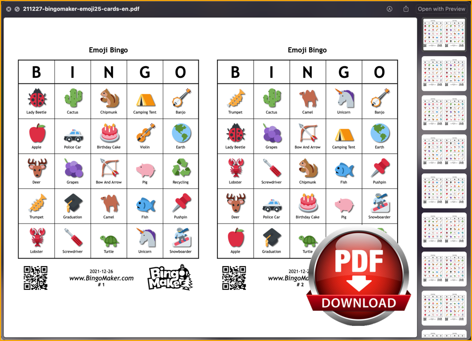 emojis bingo cards