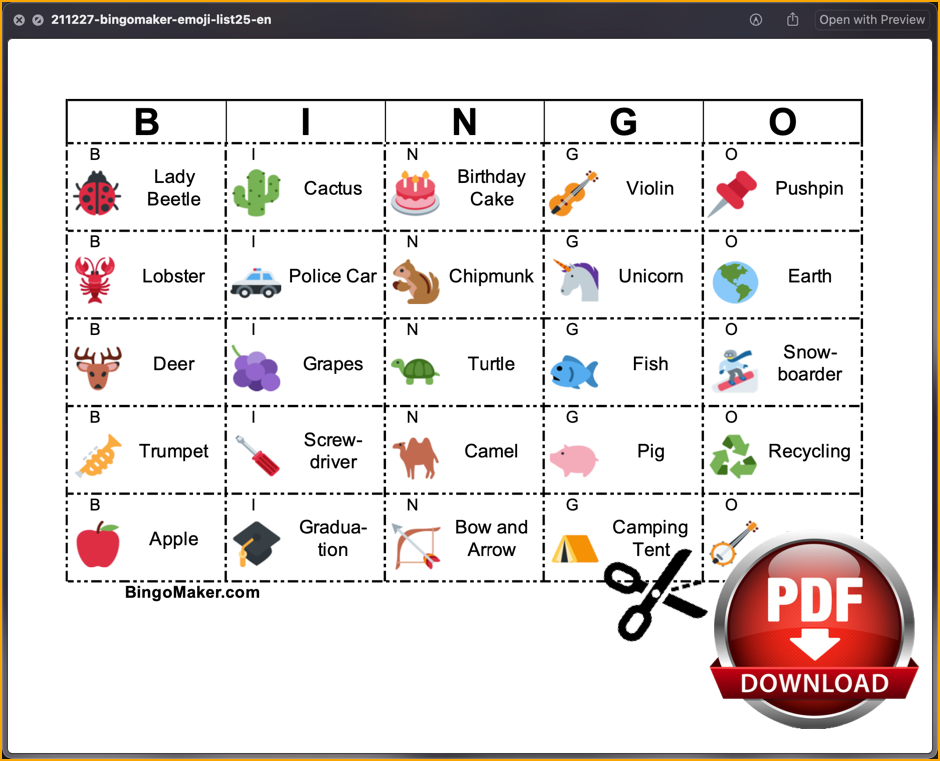 emojis bingo list pdf