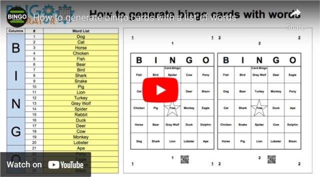 YouTube bingo cards with words