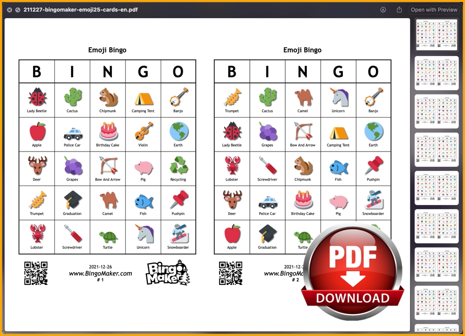 bingo cards with emojis